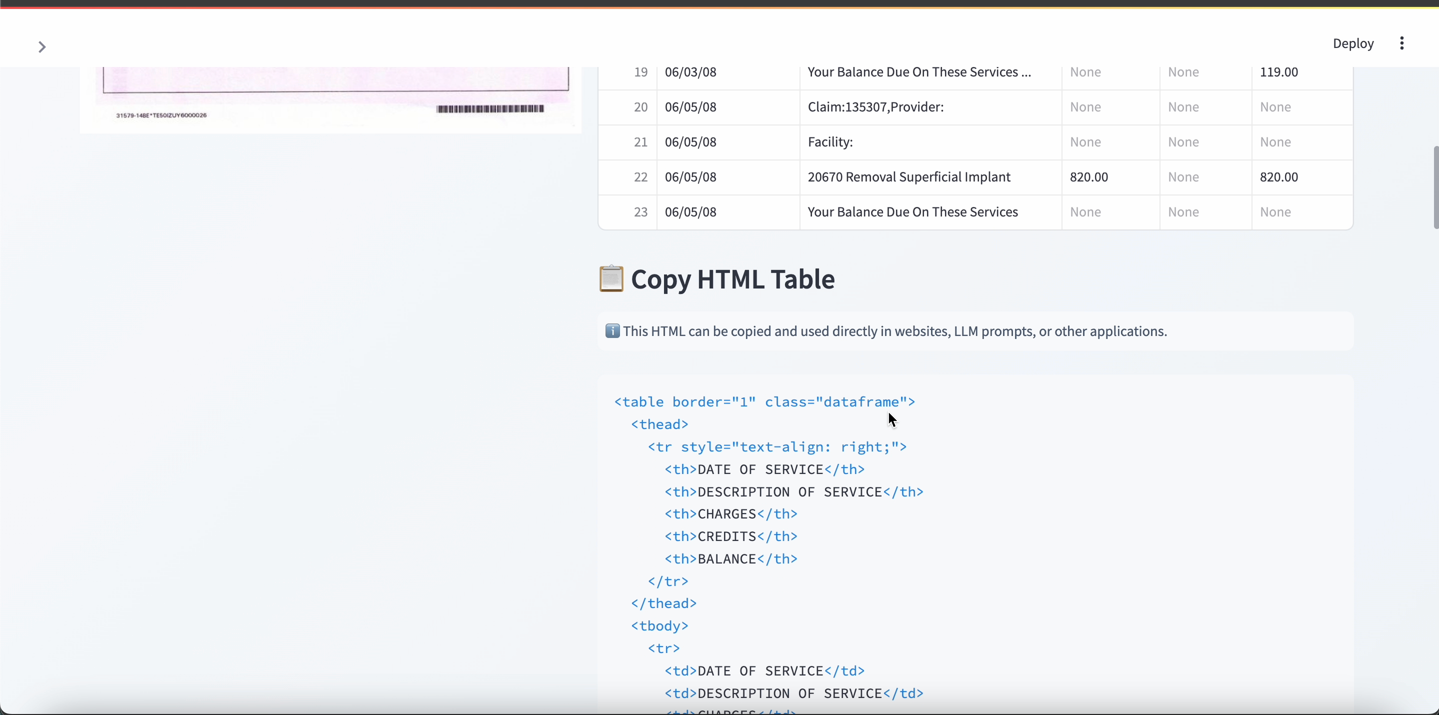 Table in HTML format