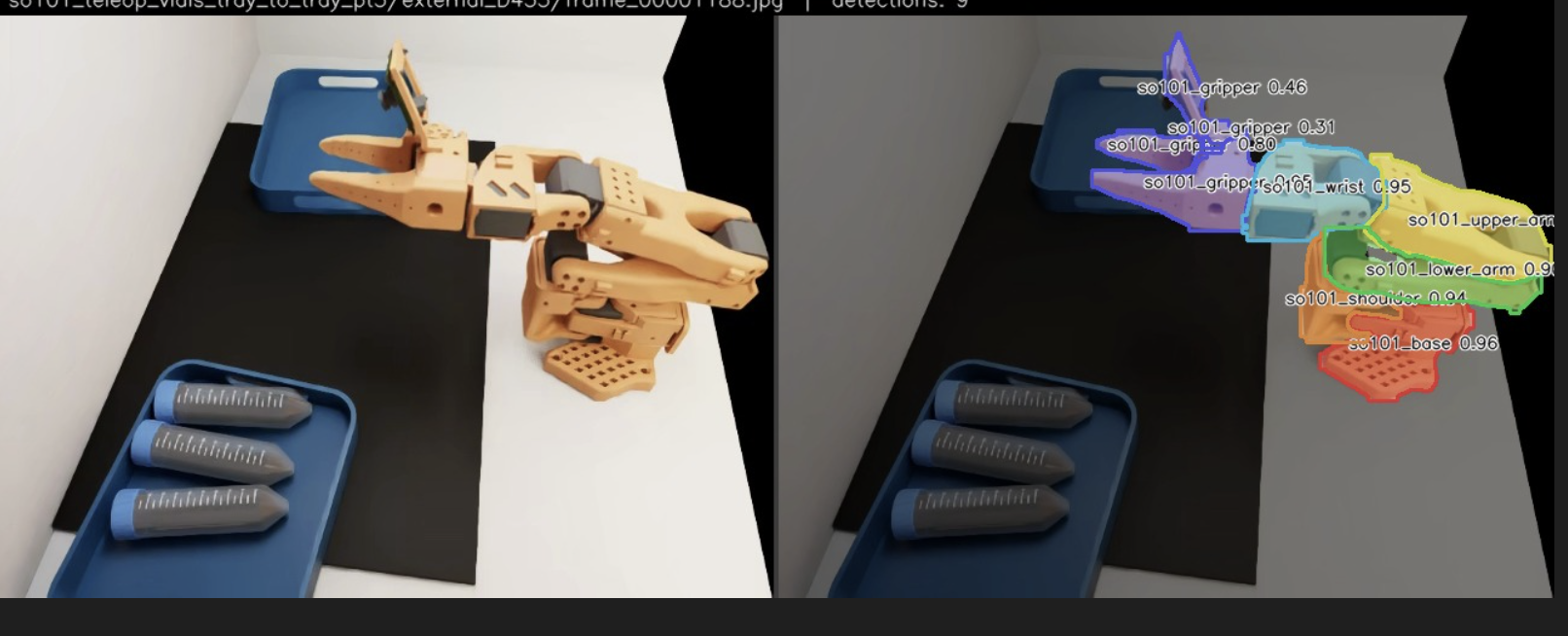 SO101 with various parts of it displayed via a segmentation model, which means it's grippers, base, etc... are clearly labelled